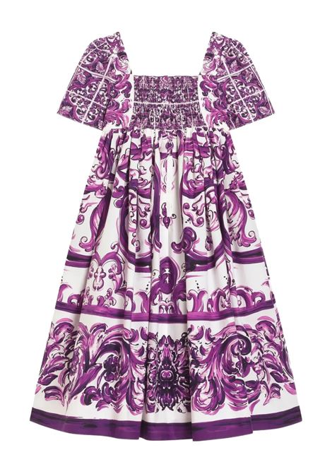 Poplin Dress With Purple Maiolica Print DOLCE & GABBANA KIDS | L54DH3-FI5JPHP5DQ